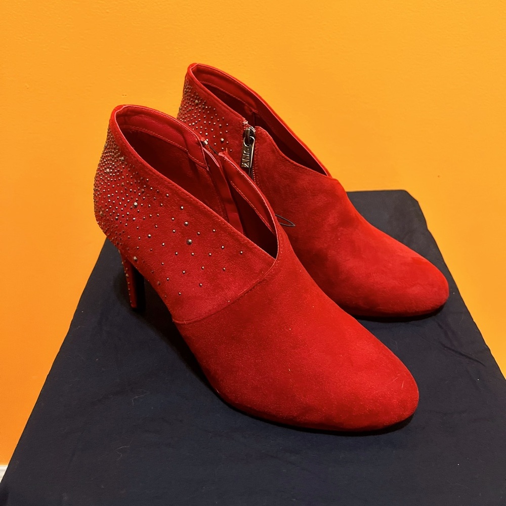 Red studded suede ankle booties